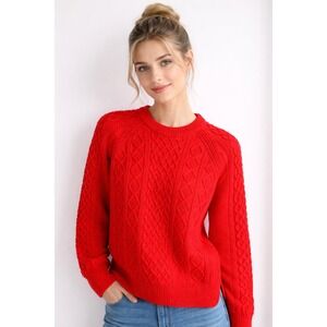 J.Crew Cable Knit Sweater Womens M‎ Red 100% Cotton Crewneck Chunky Knit Cozy